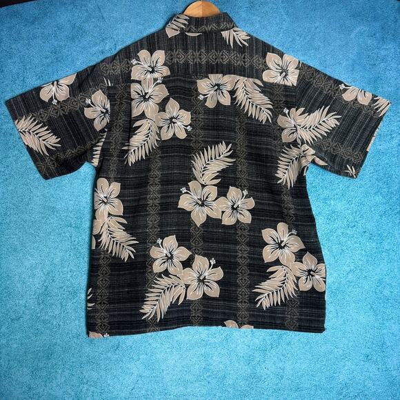 Extreme Gear Mens L Hawaiian Shirt Gray Tan Floral 100% Poly Made in Korea - Picture 2 of 14